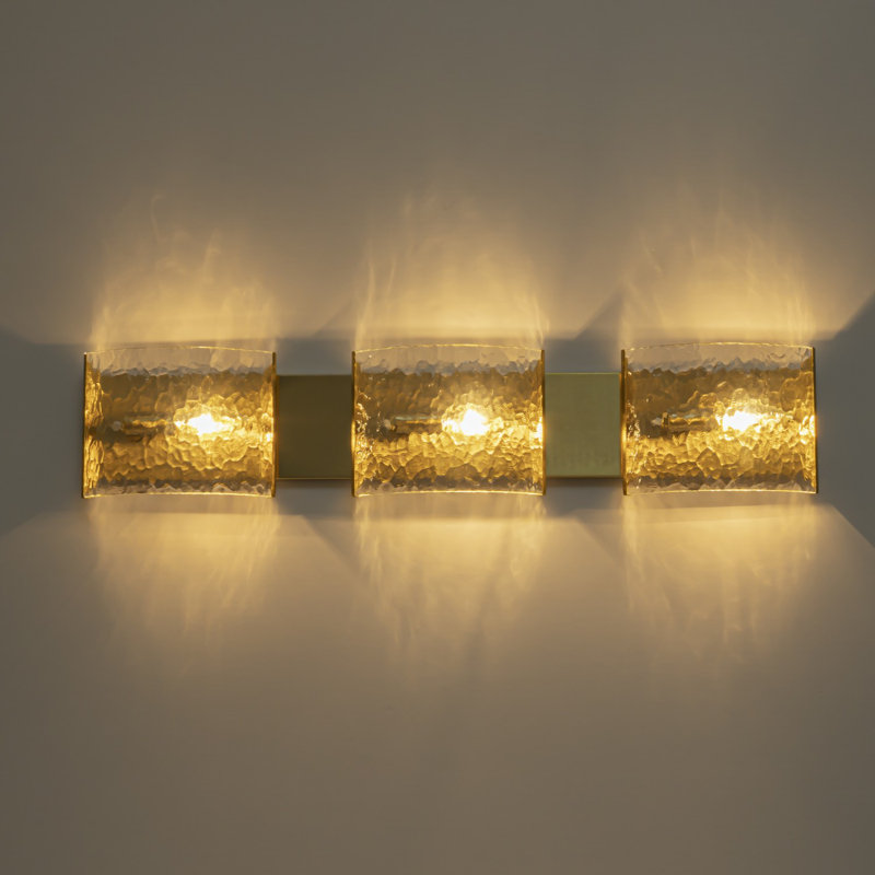 Barre d'éclairage de salle de bain 3 lumières à intensité variable en verre martelé, Or