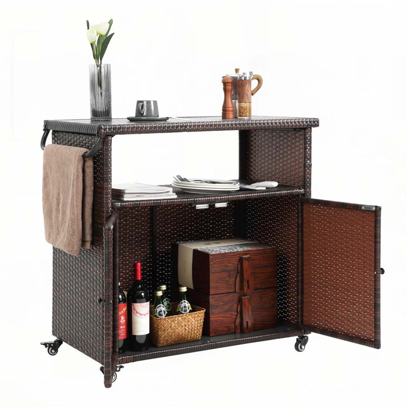 Outdoor Bar Cart,Patio Wine Serving Cart w/Wheels, Black Brown