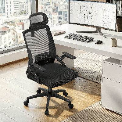 Fauteuil de bureau ergonomique avec appui-tête et accoudoirs rabattables à haut dossier en maille pour bureau à grande capacité avec capacité de 260 lb et inclinaison de 90 à 135 °
