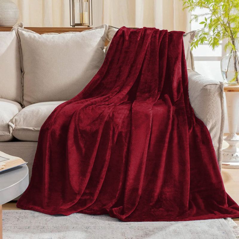 Faux Fur Reversible Fleece Throw Blanket – Soft & Cozy, Burgundy, Single (3')