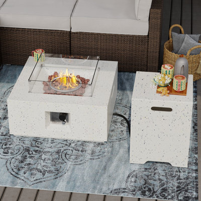 Wrought Studioâ¢ Outdoor 28 Inch Propane Fire Pit Table, Square Concrete Fire Table, Wind Guard W Tank Cover, 40,000 BTU Spotted White Patio Gas Fire -  831D8654A9DC42B3A89684C82C47C4CF