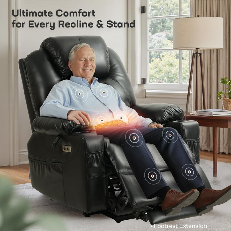 Dual Motor Power Lift Recliner Chair for Elderly with Massage and Heat, Electric Lift Chair for Adults with Extended Footrest, USB A&C, 2 Cup Holders (T6013 - Faux Leather, Black, Medium)