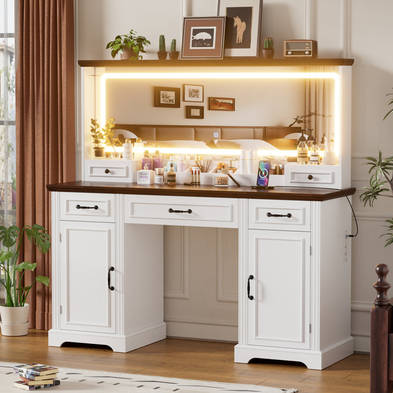 55.1" Large Vanity Desk with Lighted Mirror & Power Outlet, White Makeup Vanity & 8 Drawers 3 Lighting Modes Hollywood Dressing Vanity Desk Set, Large Makeup Vanity with Lots of Storage for Girls