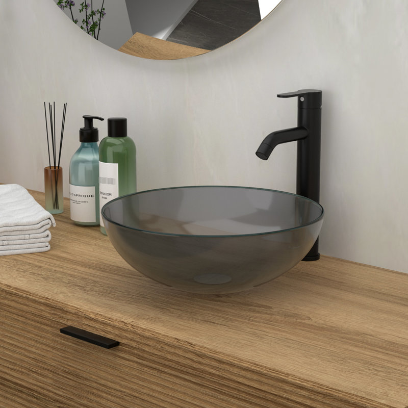 Lavabo vasque de salle de bain en verre trempé avec drain escamotable gris de 16,38 po x 16,38 po x 5,38 po