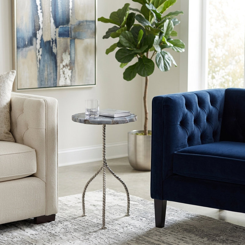 Table d'appoint ronde moderne sur pied pour salon - Petite table d'appoint élégante avec accent décoratif pour coin lecture - 61 cm, bleu et argent