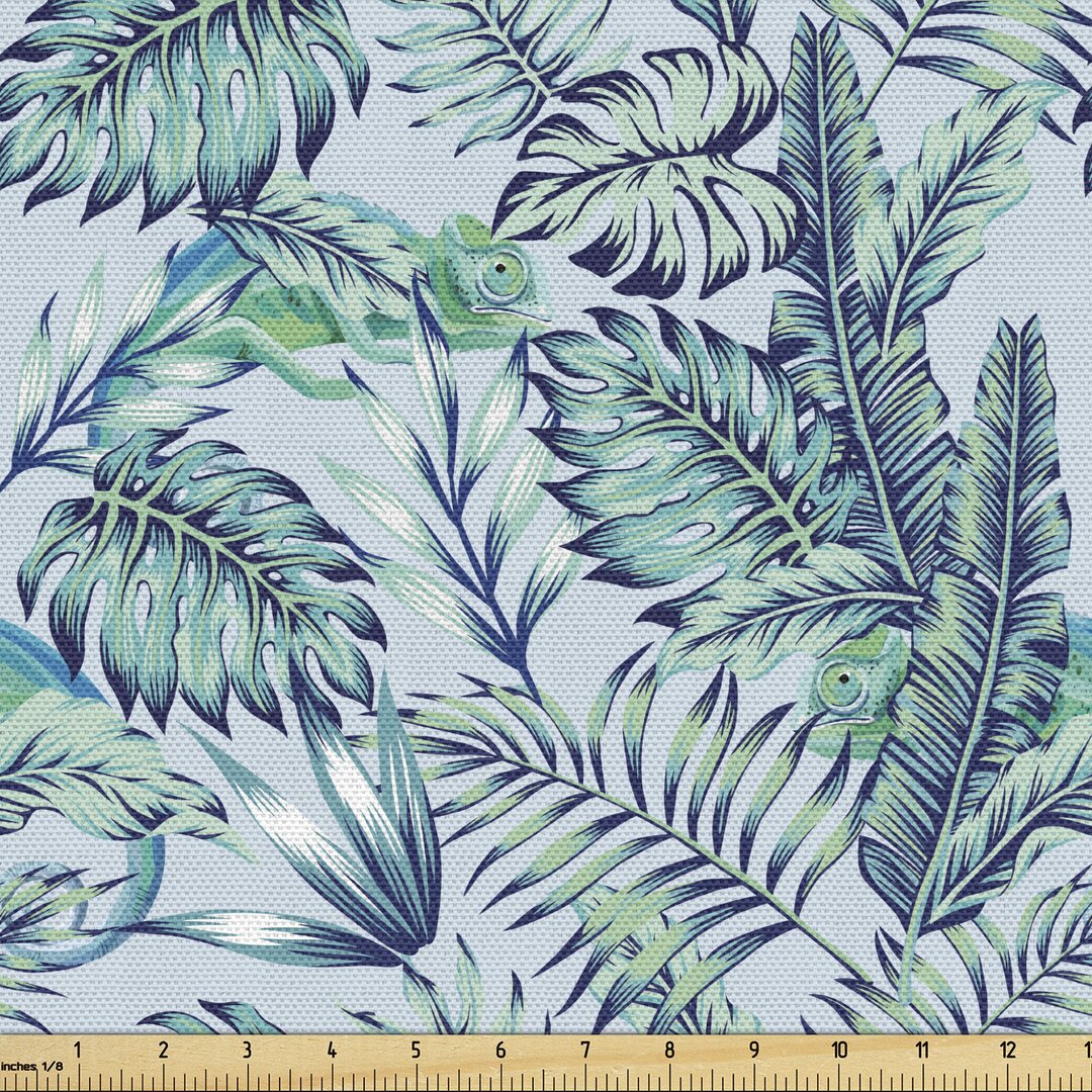 Gewebe als Meterware, Chamäleon auf Tropic Blätter, Exotisch, Blassblau Seafoam