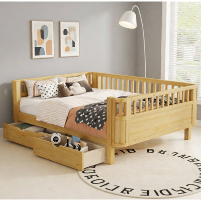 Wood Platform Bed with Ample Storage,Safety Rails