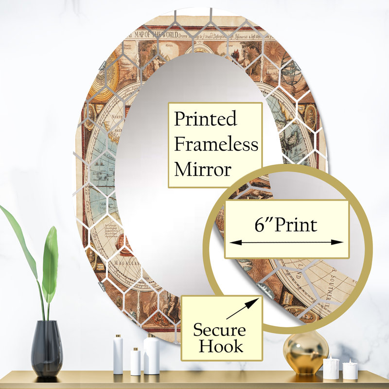 Ancienne carte du monde antique - miroir mural rétro, 36 po x 24 po