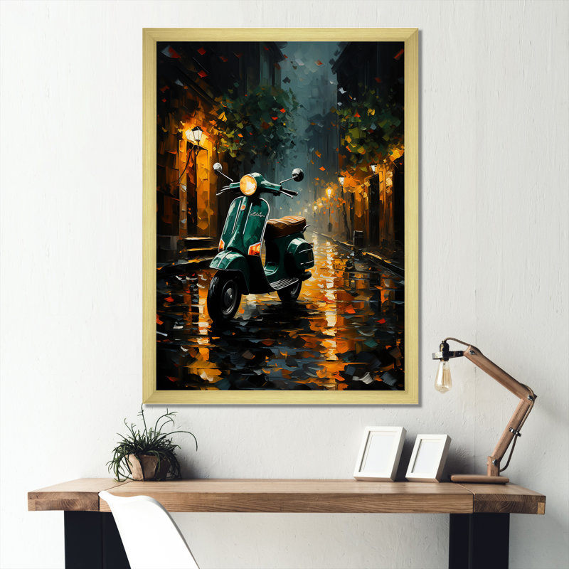 «Night Streets And Scooters III», reproduction sur toile, H 40 po x l 30 po x P 1,5 po, Cadre doré simple