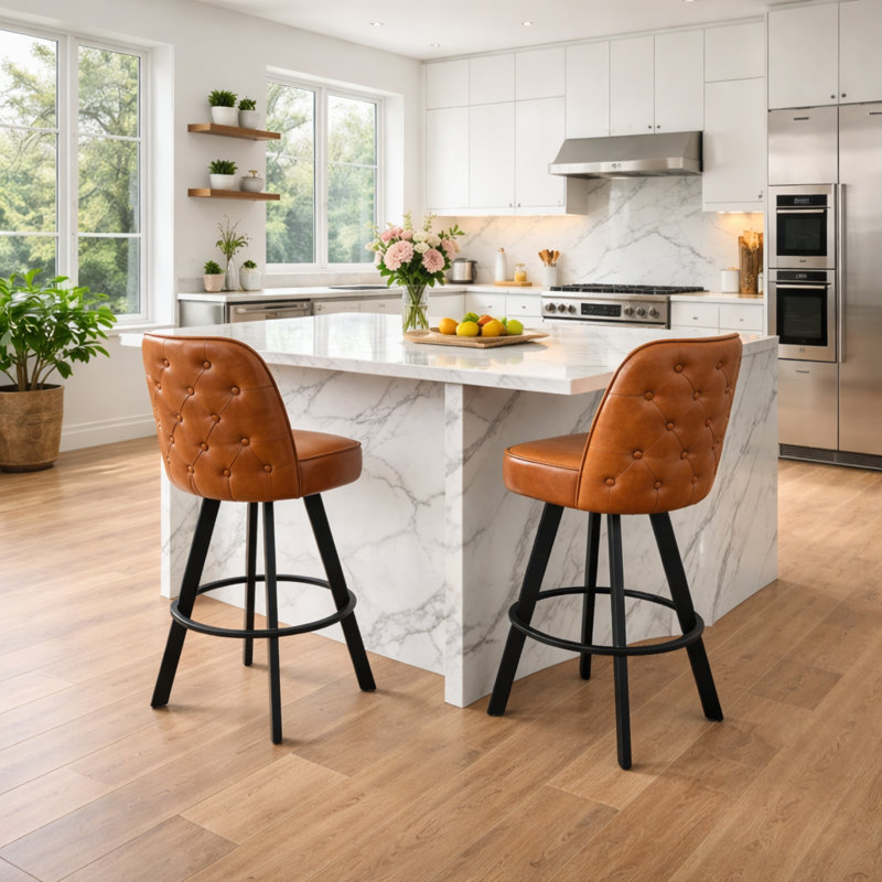 Tabourets de bar modernes pivotants (ensemble de 2), tabourets capitonnés en similicuir à hauteur de comptoir avec dossier baquet ergonomique et siège rembourré épais