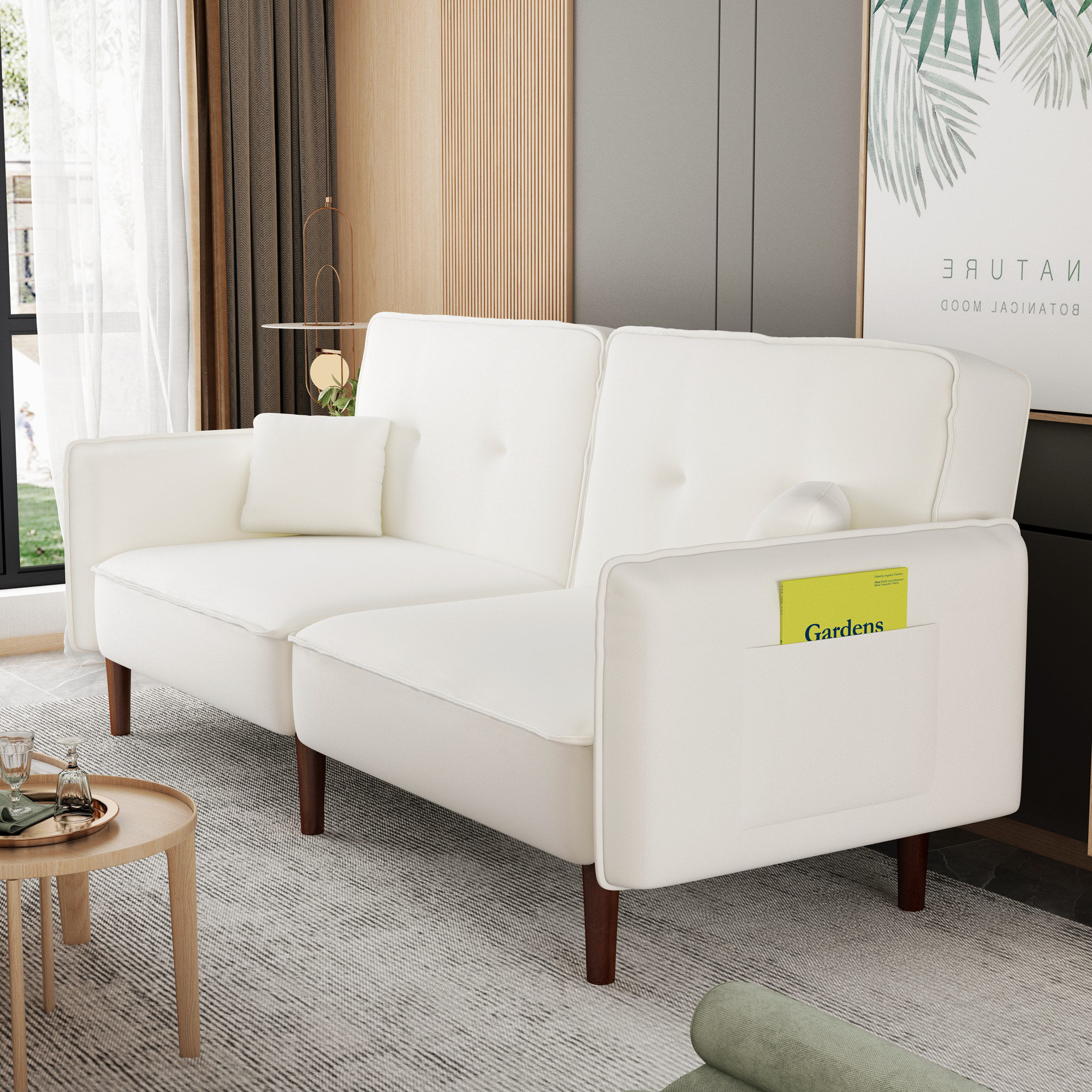 Builddecor Futon Sofa Bed With Solid Wood Leg Fabric Modern Sofa Living