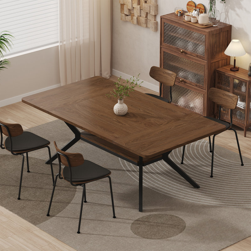 63 Inch Rectangle Round Corner Dining Table With Storage Shelf For 4-6, Walnut
