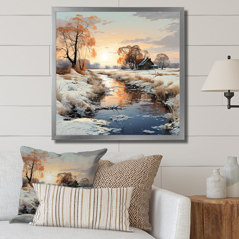 Ferme et rivière, paysage d'hiver - reproduction, H 16 po x l 16 po x P 1 po, Cadre simple argenté