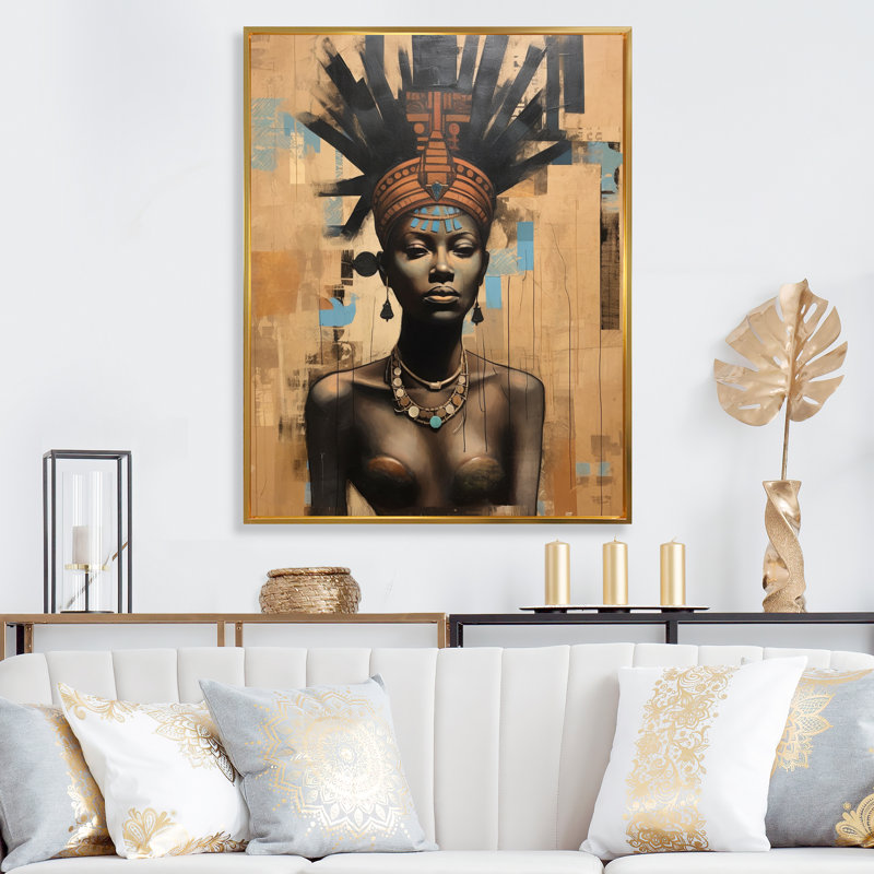 Tribal, déesse, portrait, contemporain, africain, H 40 po x l 30 po x P 1,5 po, Cadre flottant doré