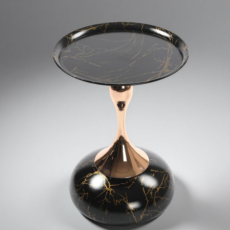 Table d'appoint à plateau rond moderne en métal avec base piédestal, Marbre noir et doré
