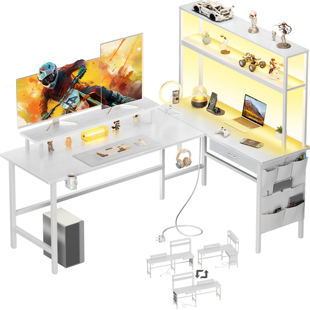 L Shaped Desk with LED Light & Power Outlet, Reversible Corner Gaming Desk with Storage Shelves & Drawer, Computer Table with Monitor Stand for Home O