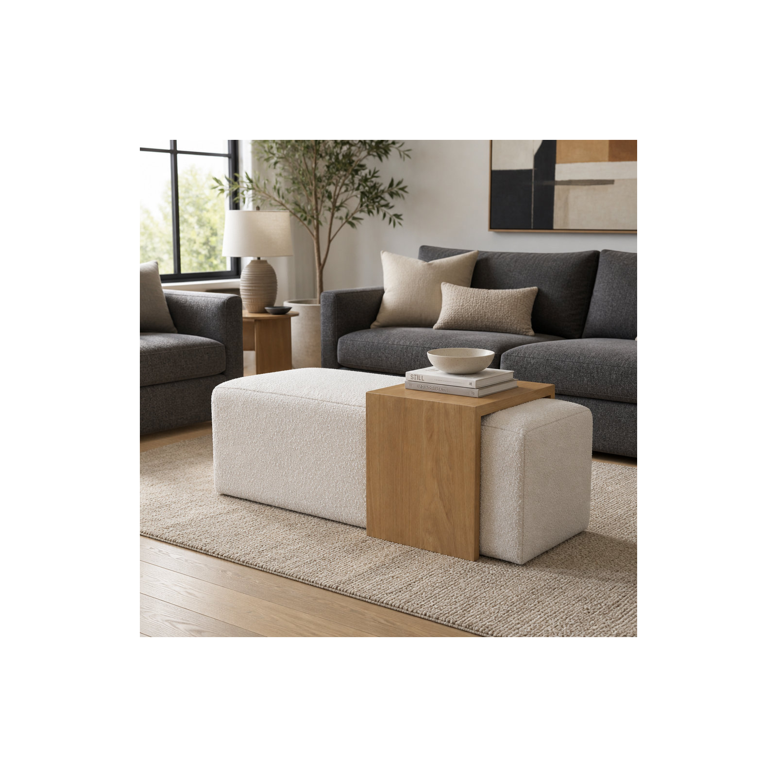 Mylas 53" Ottoman With Oak Veneer Table