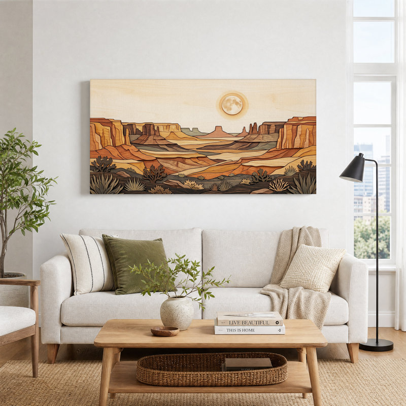 Tableau sur toile représentant un paysage de canyon désertique en bois superposé avec la lune, L 32 po x H 16 po