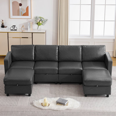 U-Shape Faux Leather Modular Sectional Sofa with Under-Seat Storage – 4-Seat + 2 Ottomans for Living Room