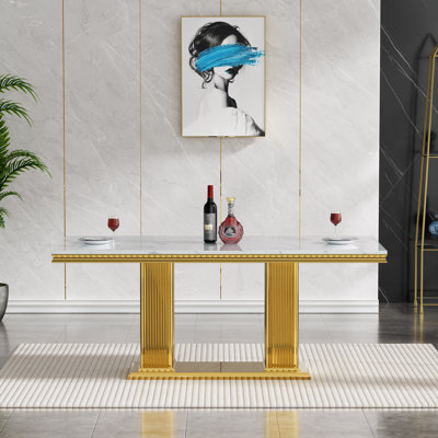 68.11" Marble Dining Table for 6-8, Modern Rectangular Kitchen Table with Faux Marble Top, Modern Dining Room Table with Stainless Steel Base for Kitc by Mercer41