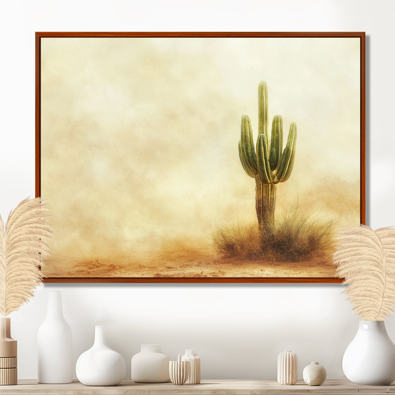 Cactus tempête de sable I - art mural cactus, H 34 po x l 44 po, Cadre flottant, Brun
