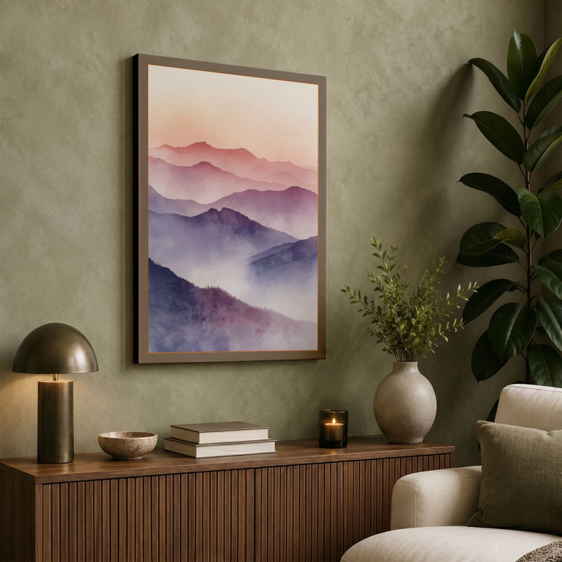 Mountains in Mist Scandinavian - Wrapped Canvas, 30x20 - 76.2 x 50.8 cm, Teal Border