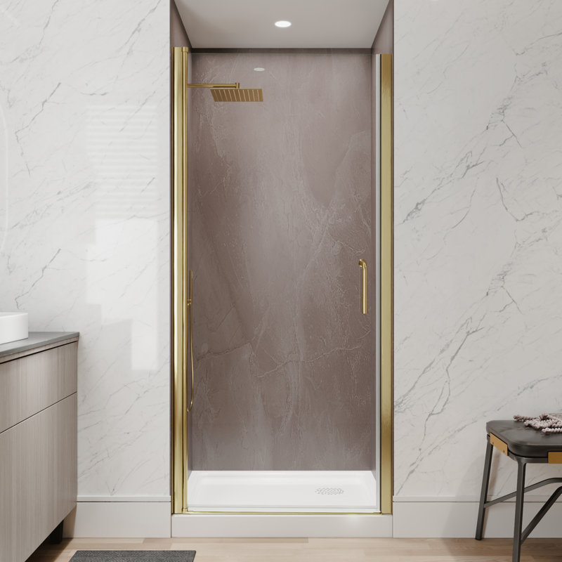 34-36 In. W X 72 In. H Frameless Pivot Shower Door, 1/4 In. Clear Glass, Brushed Gold Finish, Reversible Installation | Gift Idea