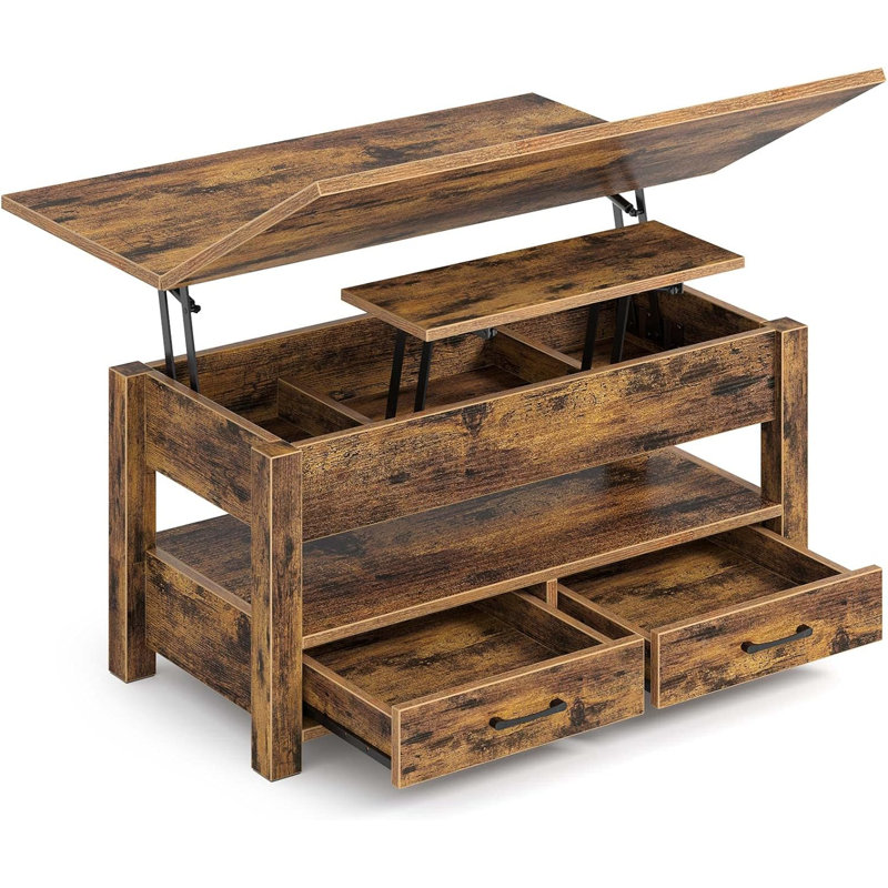 Lift Top Coffee Table With Storage, Multi-Functional Convertible Design Converts To Dining Table Or Desk, Includes Drawers And Hidden Compartment For Living Room Or Home Office