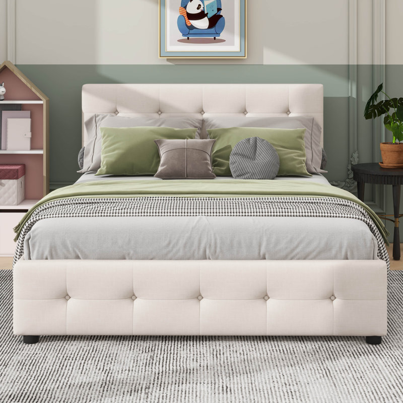 Lit plateforme tapissier avec tête de lit intemporelle et quatre tiroirs, Beige
