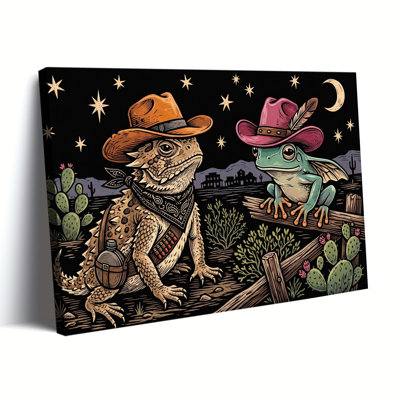 Estampe sur bois représentant un lézard et une grenouille dans le désert, style western, imprimée sur toile tendue.