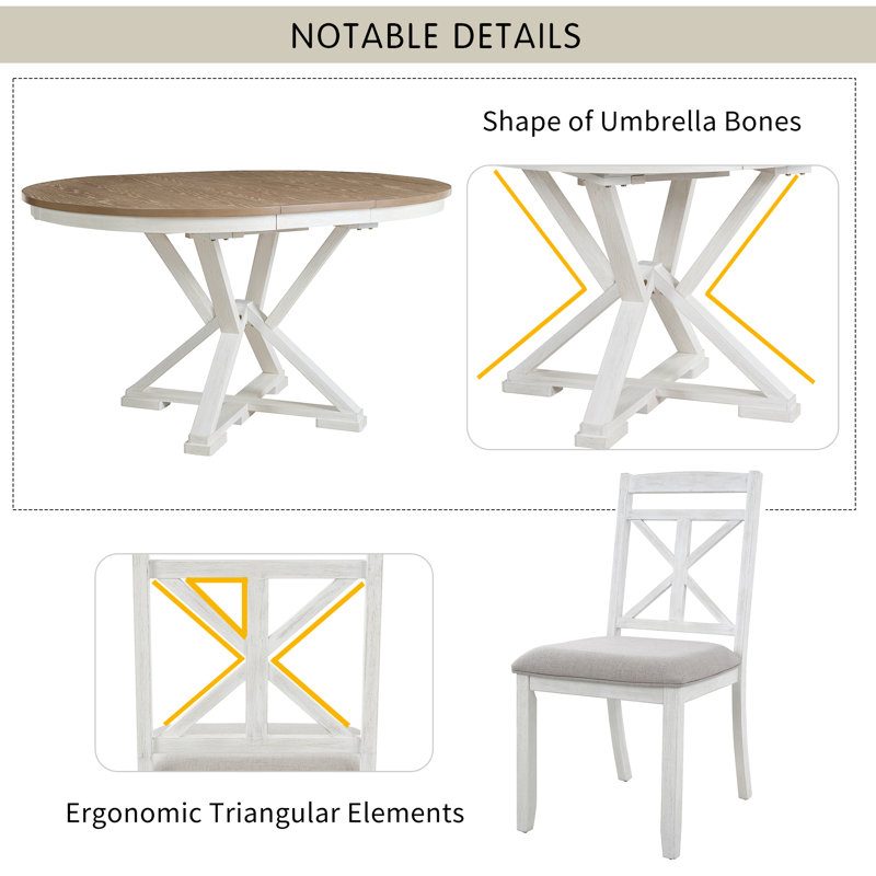  Ensemble de salle à manger 5 pièces à rallonge ronde avec chaises rembourrées pour la cuisine ou la salle à manger, brun et blanc antique