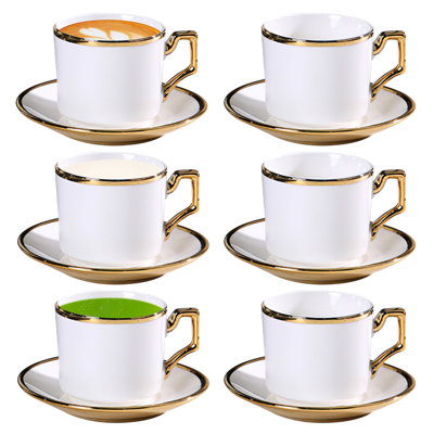 3 oz Classic Ceramic Coffee Cup with Gold Rim and Matching Saucer (White)