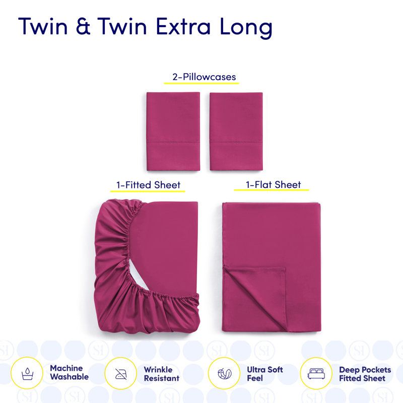 Ensemble de draps luxueux en microfibre douce avec taies d'oreiller en prime, Fuchsia