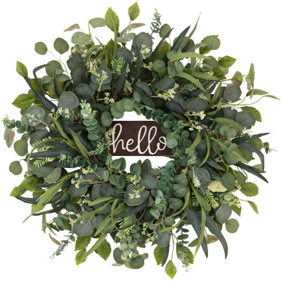 24" Eucalyptus Wreath with Hello Sign for Front Door, All Seasons Greenery Wreath, Artificial Eucalyptus Wreath