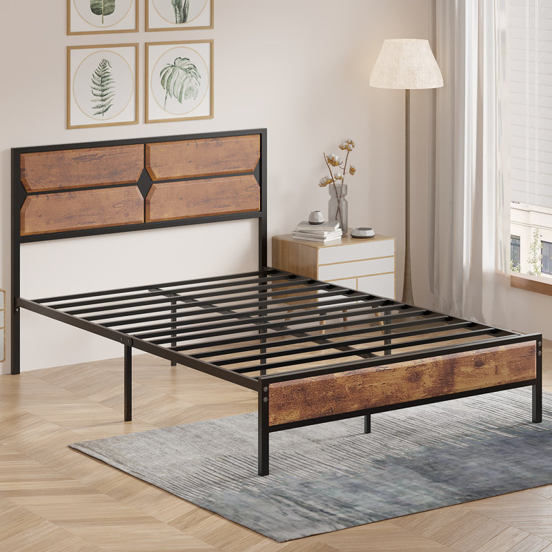 Platform Single/Double Size Bed Frame with Rustic Wood Headboard and Footboard, wood beds with Strong Metal Slats Support, No Box Spring Needed