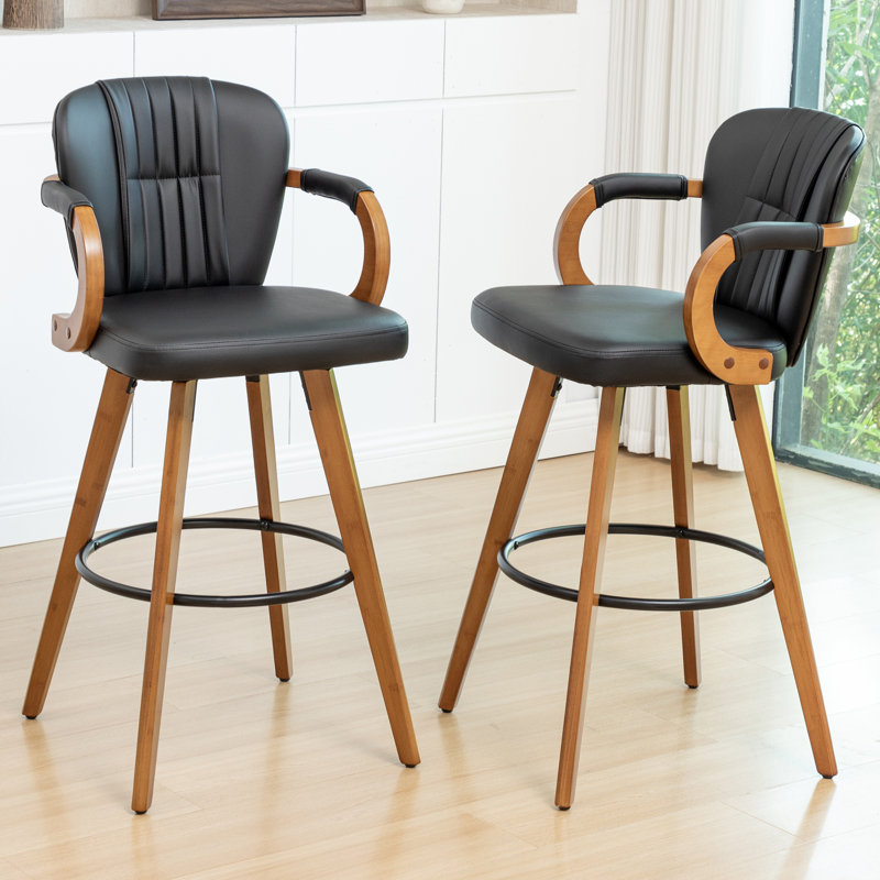 Tabouret de bar moderne pivotant de 26 po en cuir, Noir, Tabouret de comptoir (siège d'une hauteur de 26 p