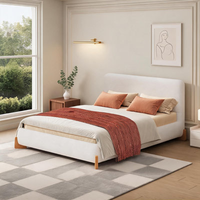 Timeless Silhouette Upholstered Full Size Platform Bed, Solid Wood Slat Support, Crisp White Boucle Polyester