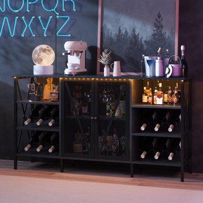 55 Inch Farmhouse Wine Bar Cabinet with Led Light, Industry Coffee Bar with Wine Rack and Glass Holder, Metal Sideboard and Liquor Cabinet with Mesh D by Ivy Bronx