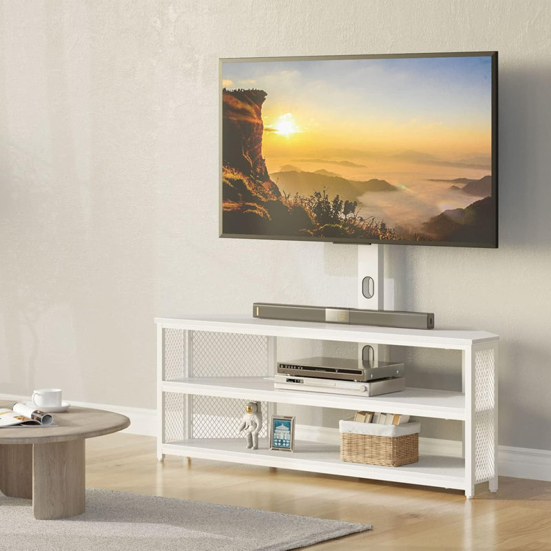 Swivel TV Stand With Built-In Mount, Power Outlet, And LED Lights For Flat Screen Tvs, Height Adjustable Media Console With Storage And Wire Management