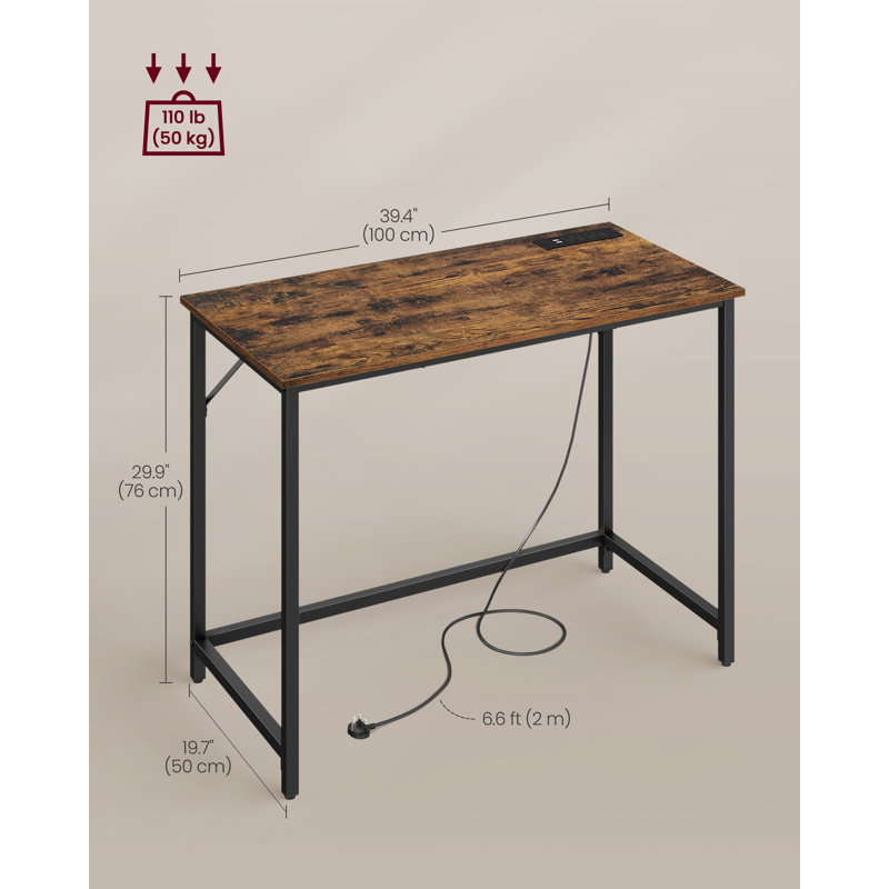 Ahuva Metal Base Computer Desk with Power Outlet, Brown