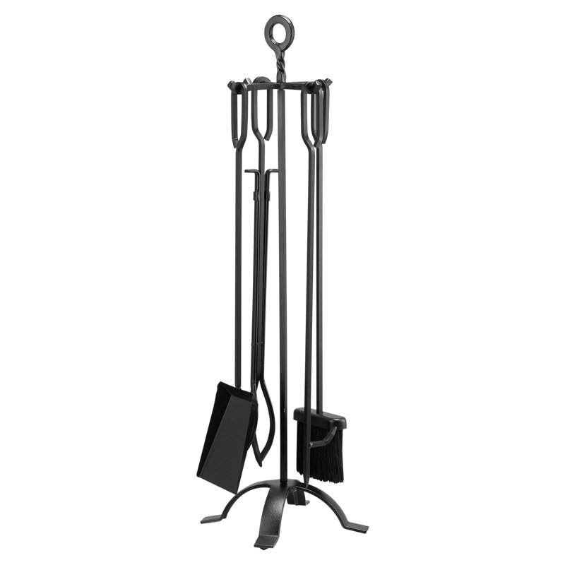 Ensemble d'outils de foyer, ensemble d'outils de feu 5 pièces et support avec support à quatre branches, pinces, pelle en frêne, brosse, tisonnier, accessoires de foyer en fer forgé pour l'intérieur et l'extérieur, noir
