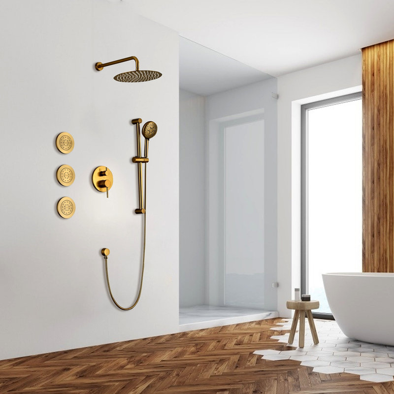 Shower System With Shower Head, Hand Shower, Slide Bar, Bodysprays, Shower Arm, Hose, Valve Trim, And Lever Handles, Gold