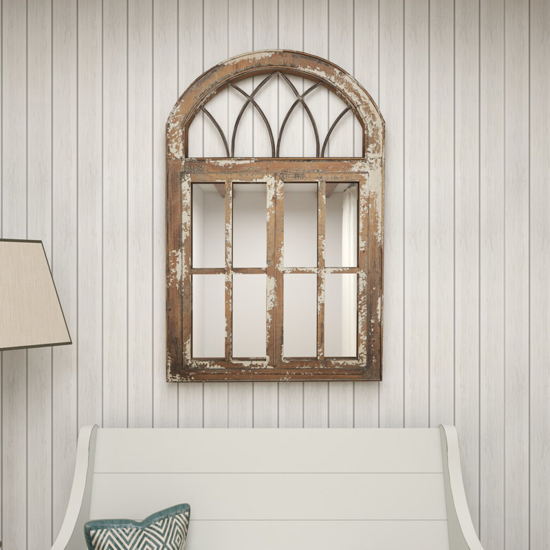 Mabank Wood Arched Window Pane Brown Wall Mirror with Cream Distressing and Metal Details