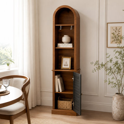 Tall Arched Corner Bookshelf with Shutter Door, Narrow Wooden Corner Display Cabinet, Freestanding Corner Storage Rack for Living Room, Bedroom, Small