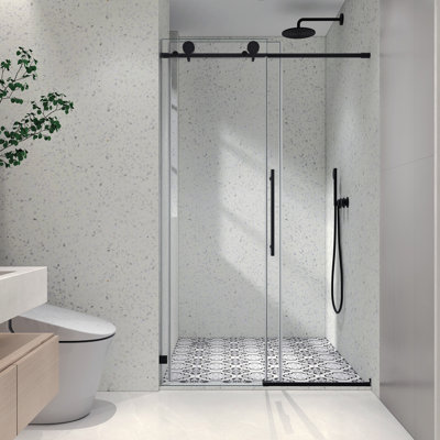 4876 Matte Black Frameless One Fixed And One Shifted Shower Door, 70MM 304 SUS Large Pulleys With Adjustable Soft Closing Function,With Nano Easy Cleaning And Stick Explosion-Proof Menbrance