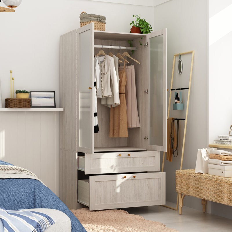 Armoire moderne de 70,9 po de hauteur, aspect bois, avec portes en verre givré, tringle et 2 grands tiroirs.