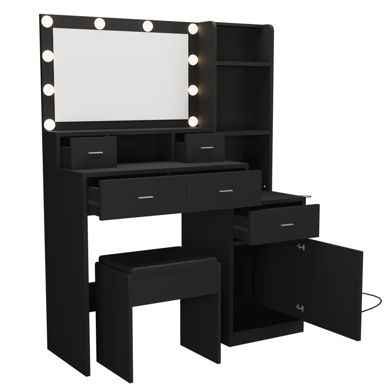 Meuble-lavabo noir avec miroir et lumières - Spacieuse coiffeuse à 4 places pour la chambre à coucher, réglable, support pour sèche-cheveux, prise électrique à 2 ports et chambre noire, 4, 1, tablette ouverte, douille,