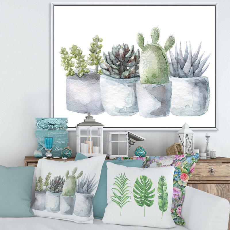 " Cactus And Succulent House Plants I ", 12" H x 20" W x 1" D, White Framed