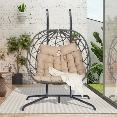Fauteuil à œufs suspendu pour 2 personnes pour l'extérieur: structure en fer, coussin souple protégé, s'adapte à la zone de confort extérieure avec support: fer rouille, capacité de poids de 600 lb respirante faite à la main, meubles de jardin