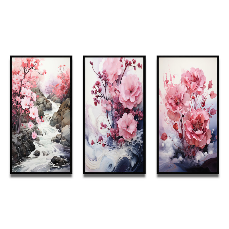«Pink Grey Minimalisme Serenity In River», 3 pièces sur toile, Cadre flottant noir, H 40 po x l 60 po